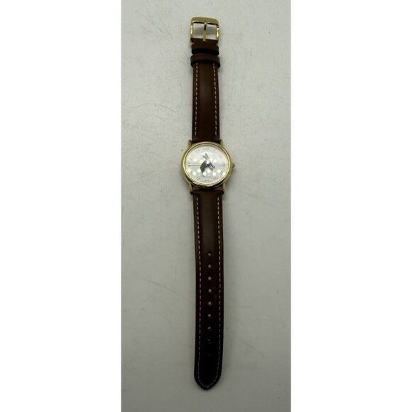 Vtg WRAP Boxer Dog Rotating Watch Gold Tone Round Face Brown Leather Band Arabic - Picture 3 of 8